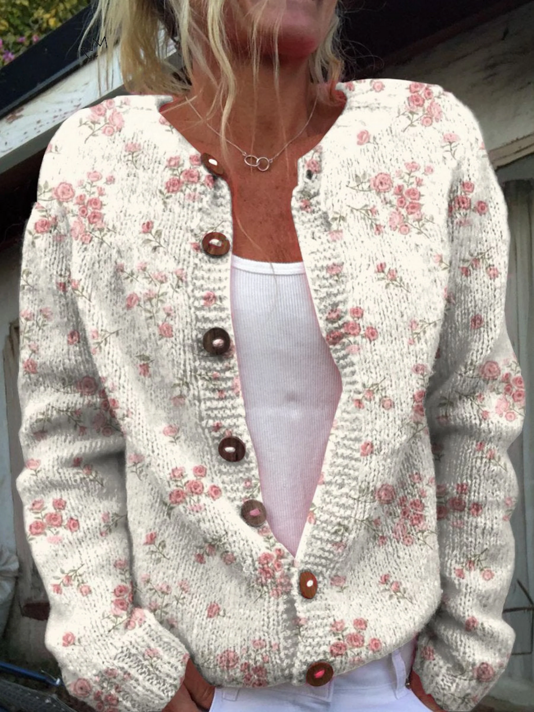 Verolyn pink rose print knit cardigan