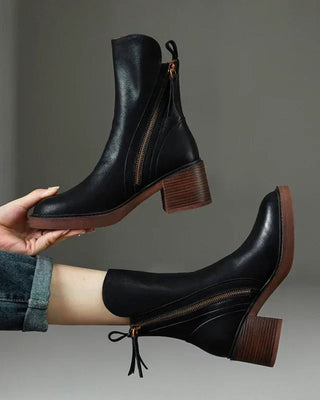 Verolyn round toe leather block heel boots in black