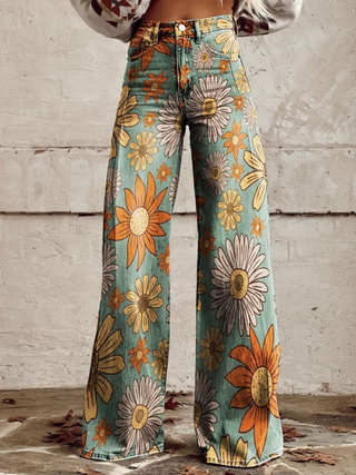 Sunflower Print Wide Leg Trousers in Yellow — VerolynBoutique