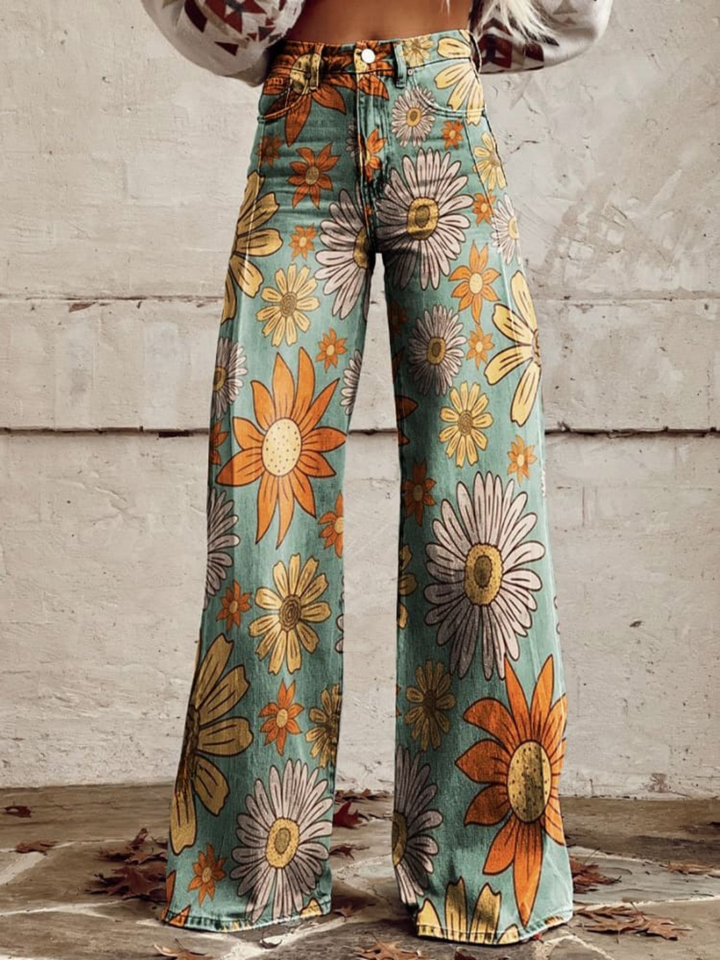 Sunflower Print Wide Leg Trousers in Yellow — VerolynBoutique