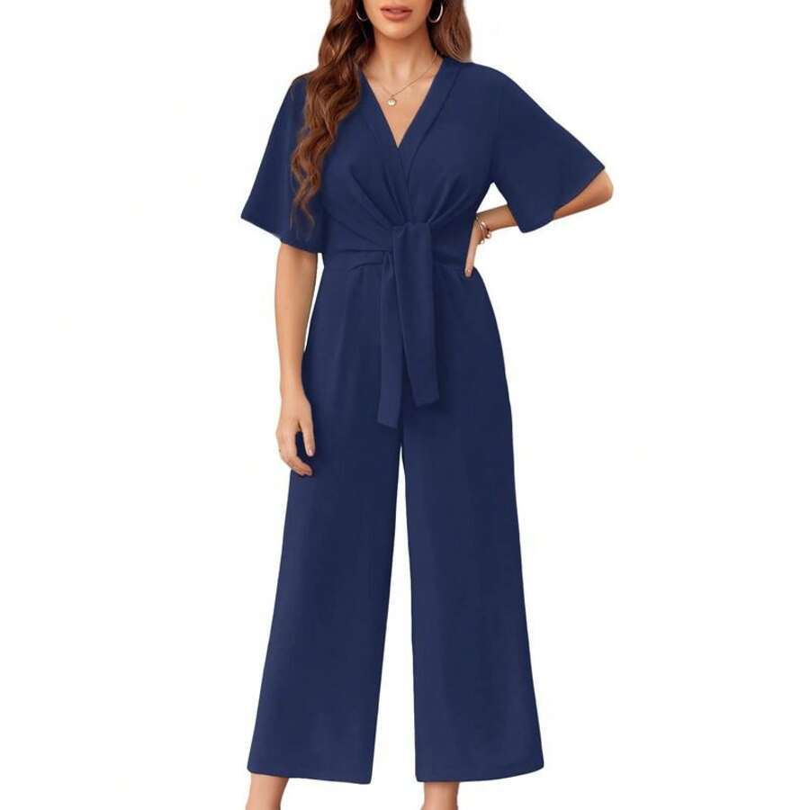 Tie-Waist Wrap Wide-Leg Jumpsuit in Blue — VerolynBoutique