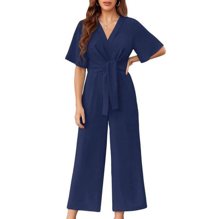 Tie-Waist Wrap Wide-Leg Jumpsuit in Blue — VerolynBoutique