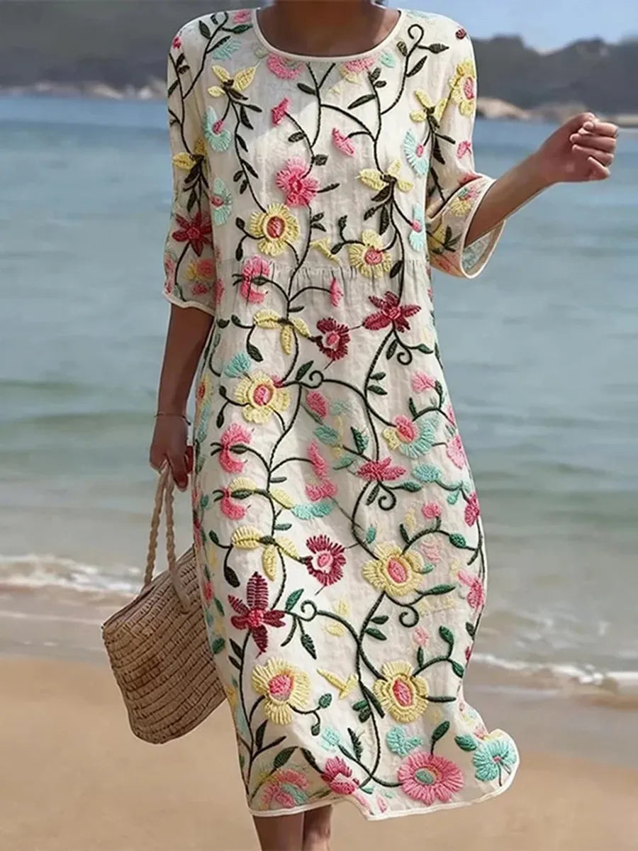 Floral Vine Print Midi Dress in White — VerolynBoutique