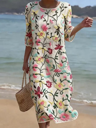 Floral Vine Print Midi Dress in White — VerolynBoutique