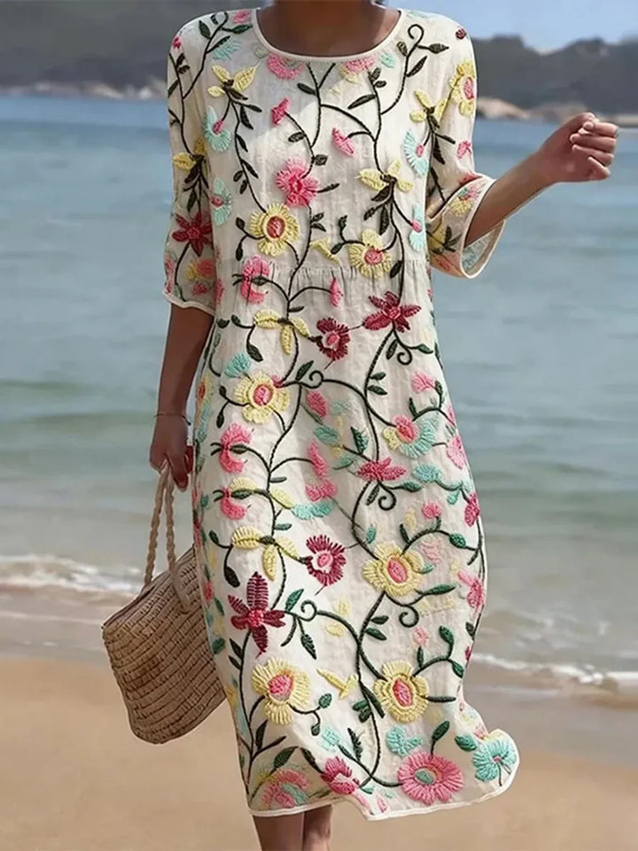 Floral Vine Print Midi Dress in White — VerolynBoutique