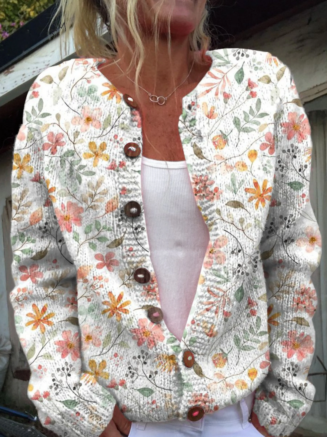 Verolyn watercolour floral wooden button cardigan