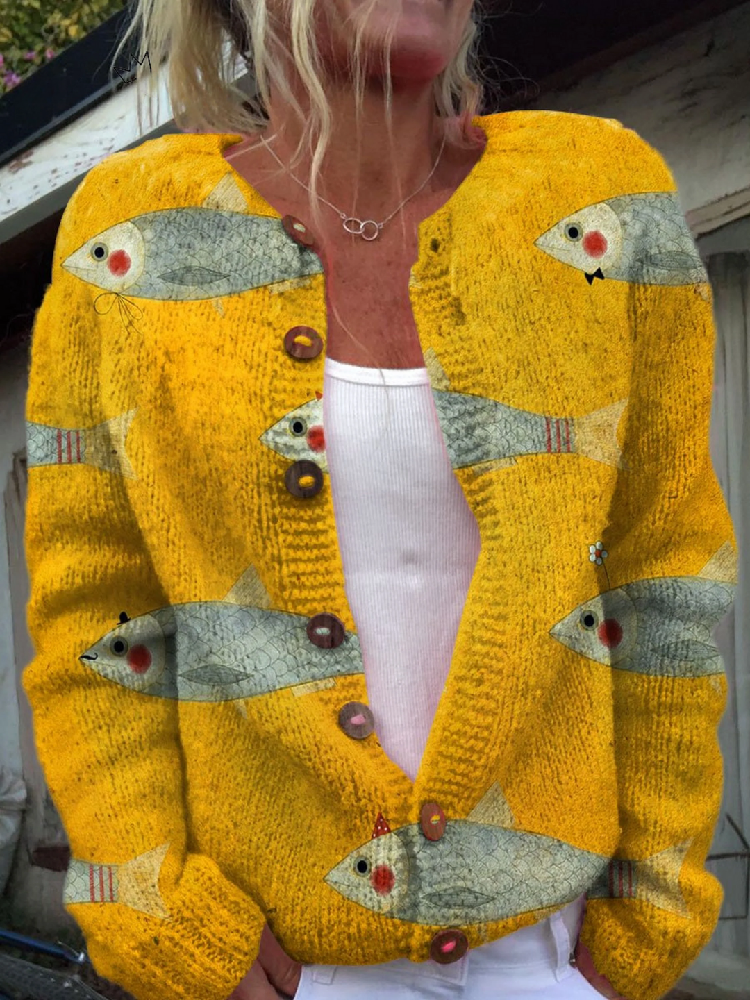 Verolyn yellow fish print vintage cardigan