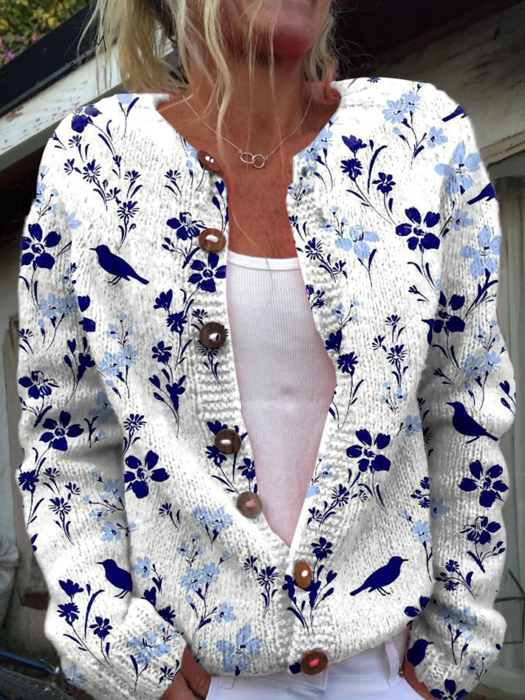 Verolyn navy bird and floral knit cardigan
