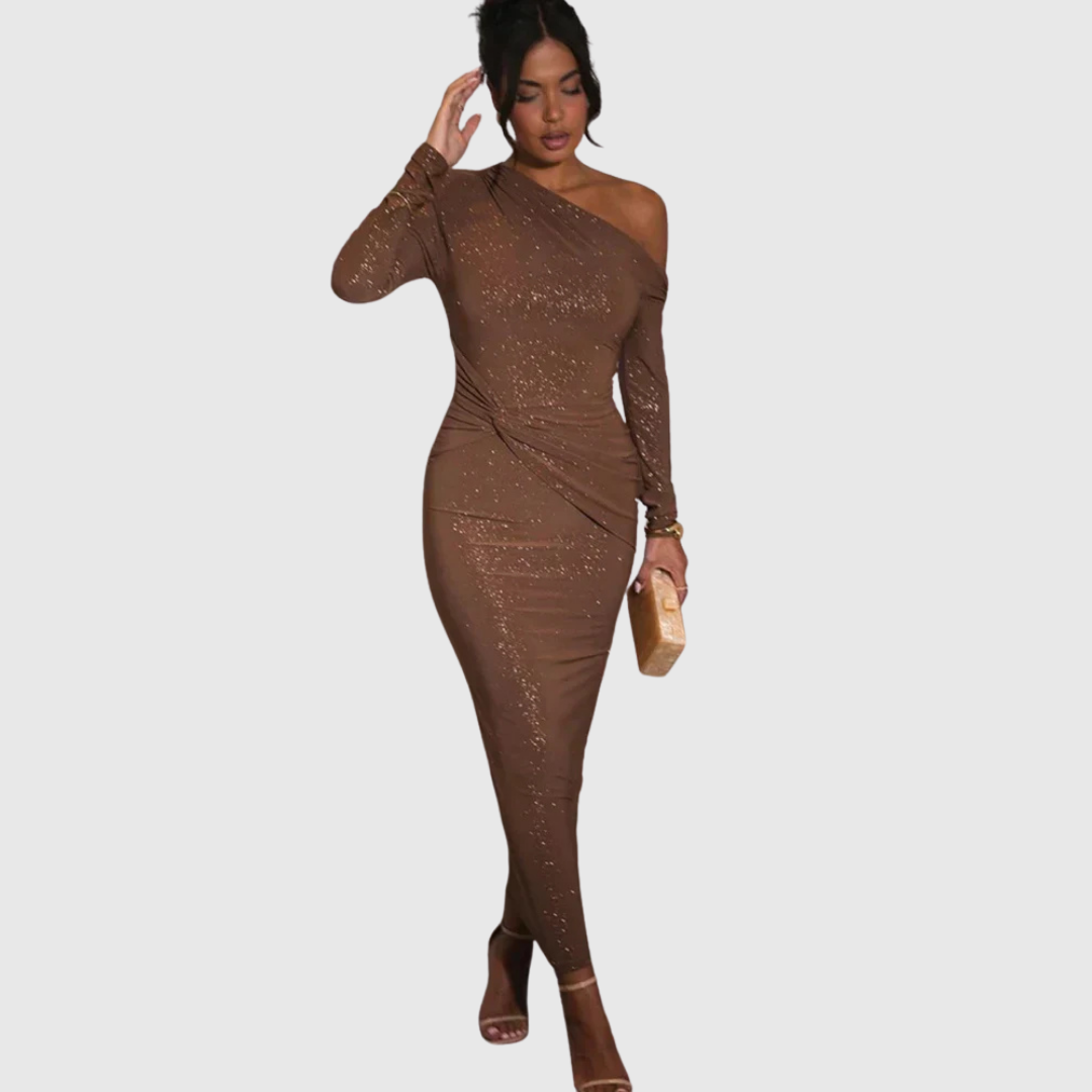 One-Shoulder Glitter Maxi Dress in Black — VerolynBoutique