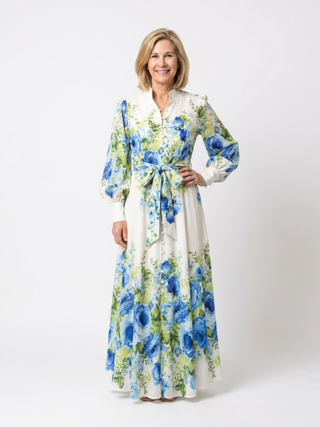 Button-Front Tie-Waist Floral Maxi Dress in Green — VerolynBoutique