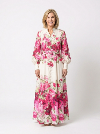High-Neck Belted Floral Maxi Dress in Pink — VerolynBoutique