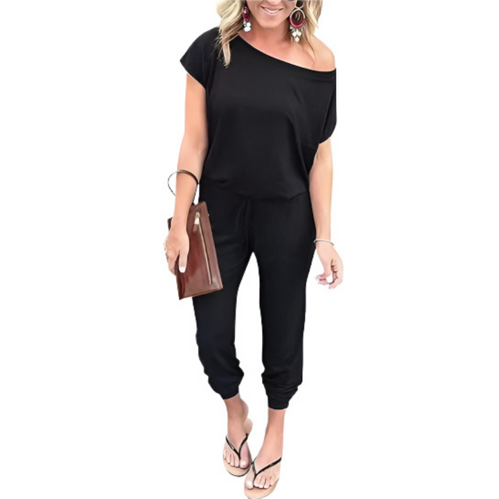 Off-Shoulder Jogger Jumpsuit in Black — VerolynBoutique