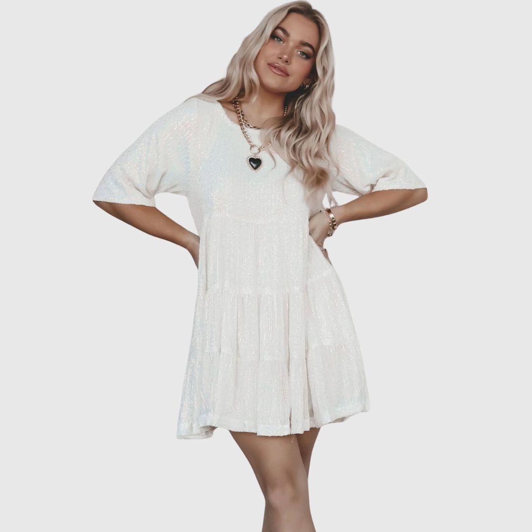 Sequin Puff-Sleeve Swing Dress in White — VerolynBoutique