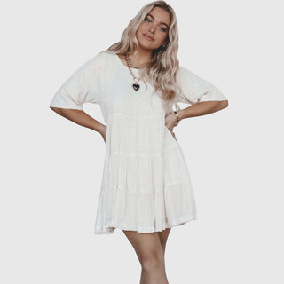 Sequin Puff-Sleeve Swing Dress in White — VerolynBoutique