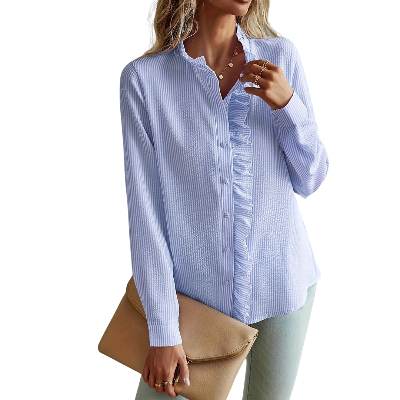 Ruffle Trim Button Blouse in Sky Blue — VerolynBoutique