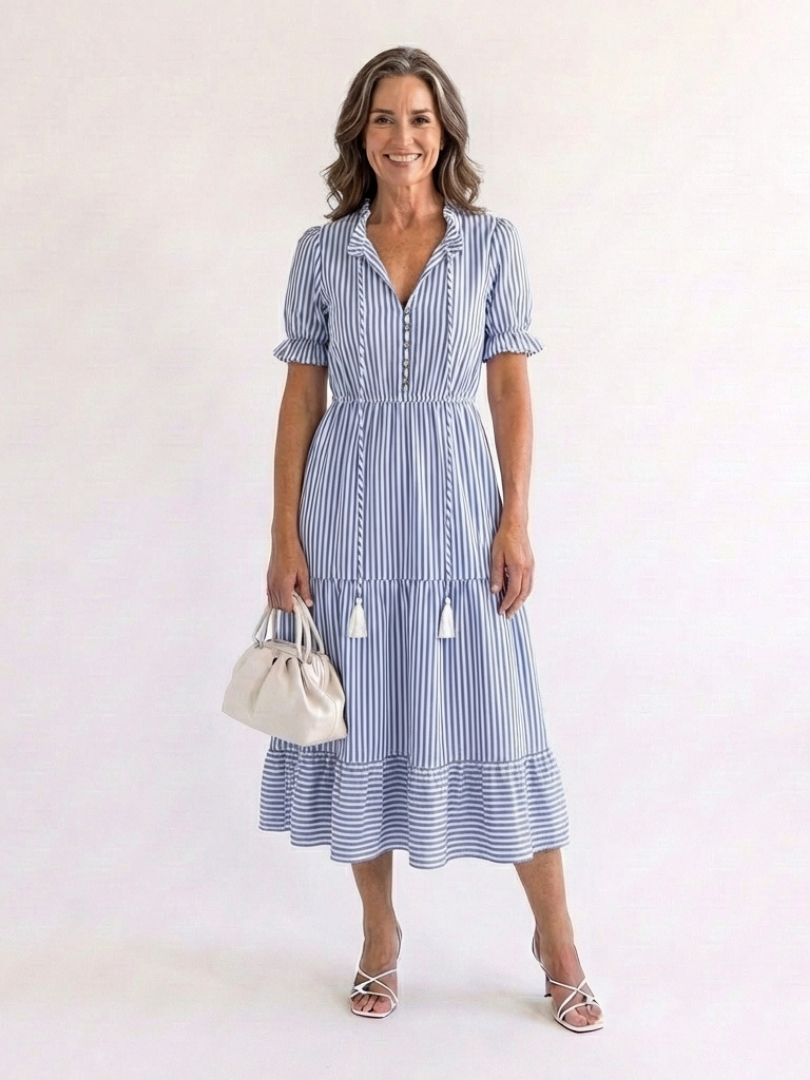 Striped Tiered Midi Dress in Sky Blue — VerolynBoutique