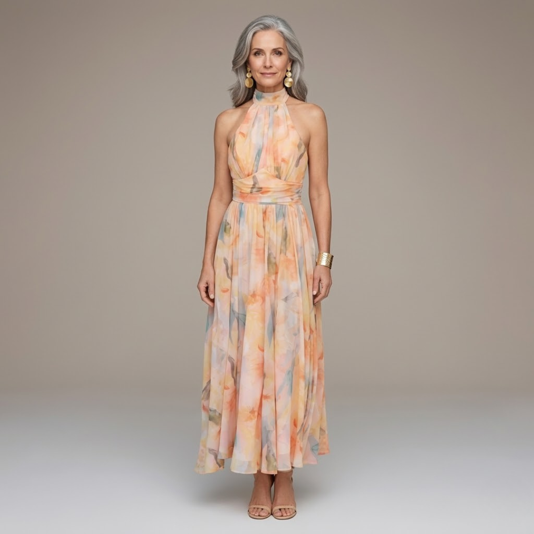 Halter Neck Floral Maxi Dress in Apricot — VerolynBoutique
