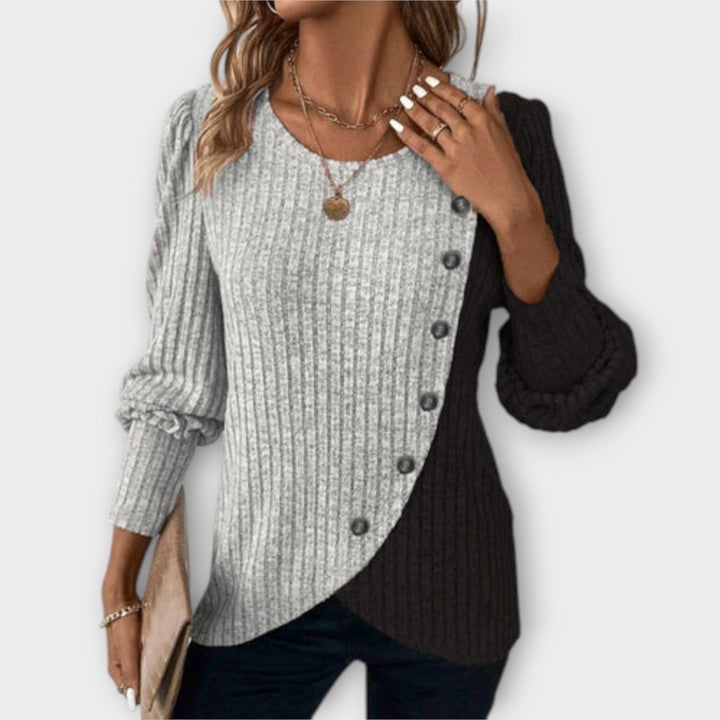 Asymmetric Button Ribbed Jumper in Grey — VerolynBoutique