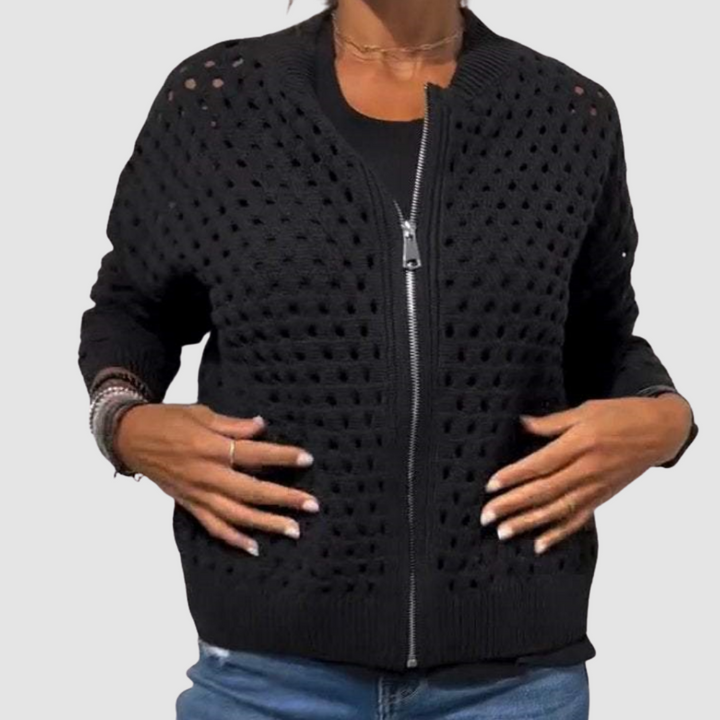 Open Knit Zip Cardigan in Black — VerolynBoutique