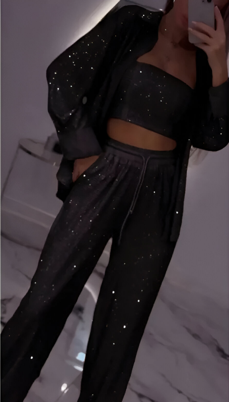 Sequin Three-Piece Lounge Set in Black — VerolynBoutique