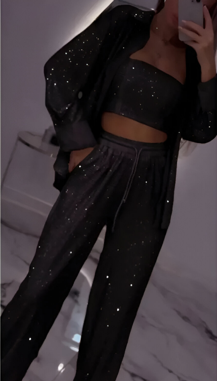 Sequin Three-Piece Lounge Set in Black — VerolynBoutique