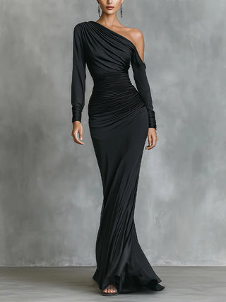Satin One-Shoulder Mermaid Dress in Black — VerolynBoutique