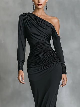Satin One-Shoulder Mermaid Dress in Black — VerolynBoutique