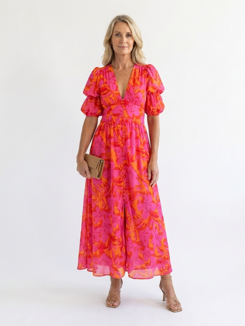 Floral Puff Sleeve Midi Dress in Pink — VerolynBoutique