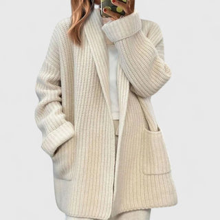 Longline Ribbed Pocket Cardigan in Beige — VerolynBoutique