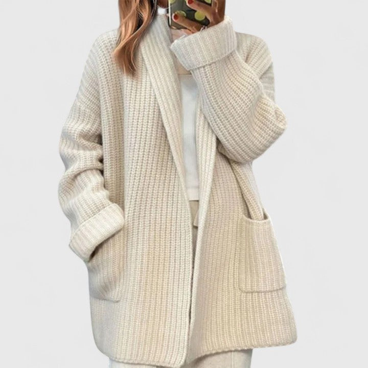 Longline Ribbed Pocket Cardigan in Beige — VerolynBoutique