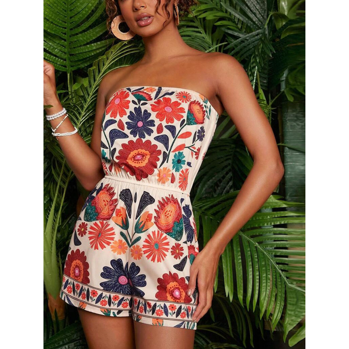 Strapless Printed Summer Romper in Ivory Floral — VerolynBoutique