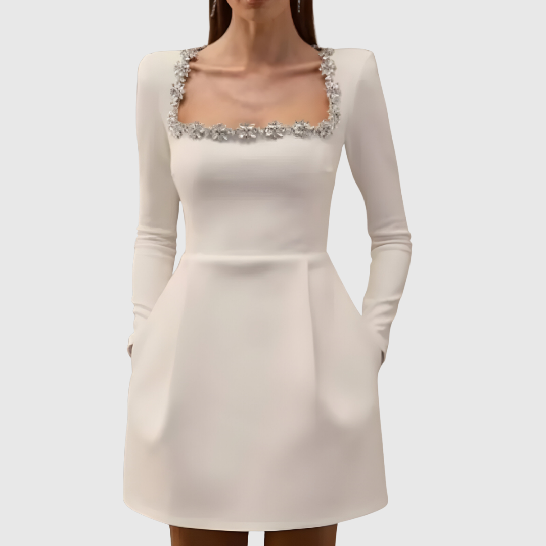 Flower Trim Velvet A-Line Dress in White — VerolynBoutique