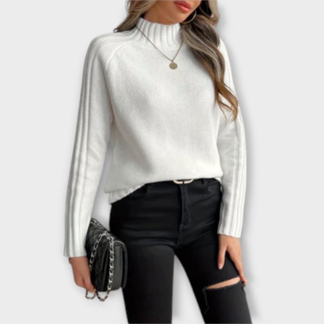 Ribbed Sleeve High Neck Jumper in White — VerolynBoutique
