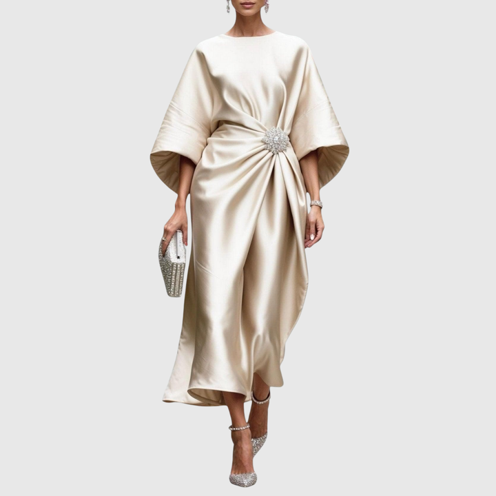 Satin Brooch Midi Dress in Khaki — VerolynBoutique