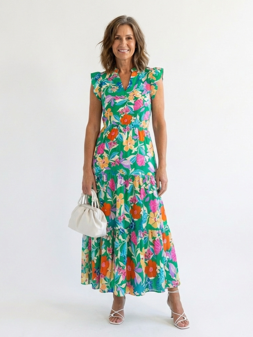 Floral V-Neck Tiered Midi Dress in Green — VerolynBoutique