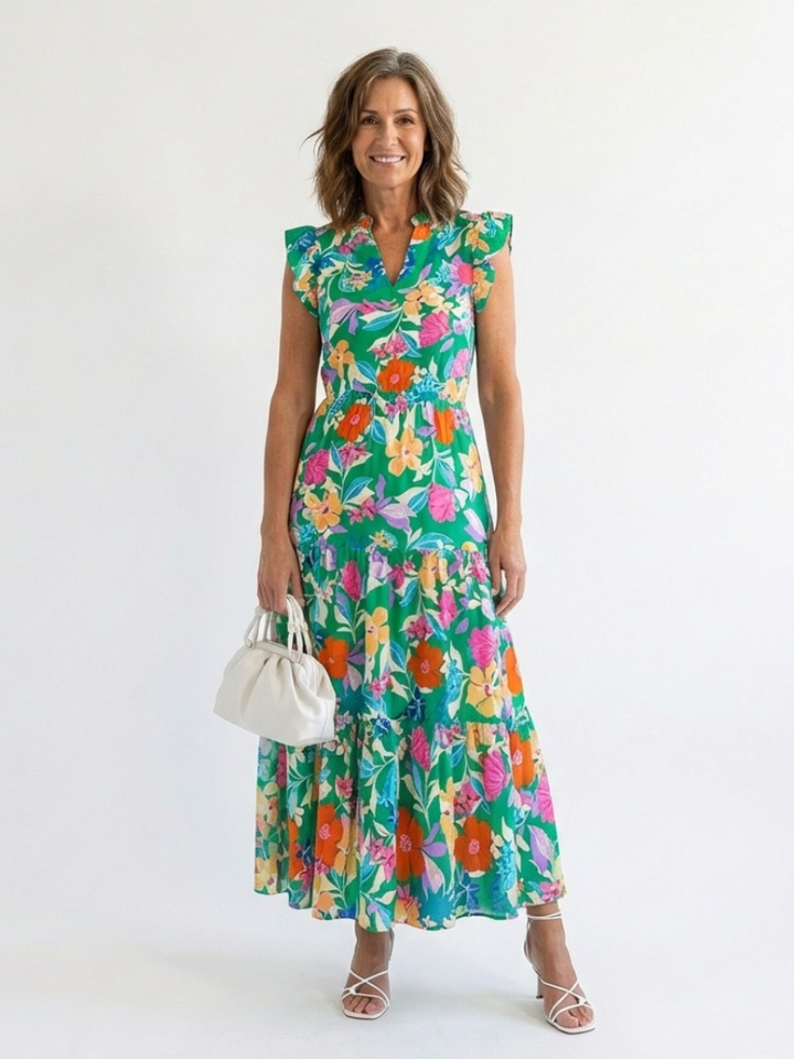 Floral V-Neck Tiered Midi Dress in Green — VerolynBoutique