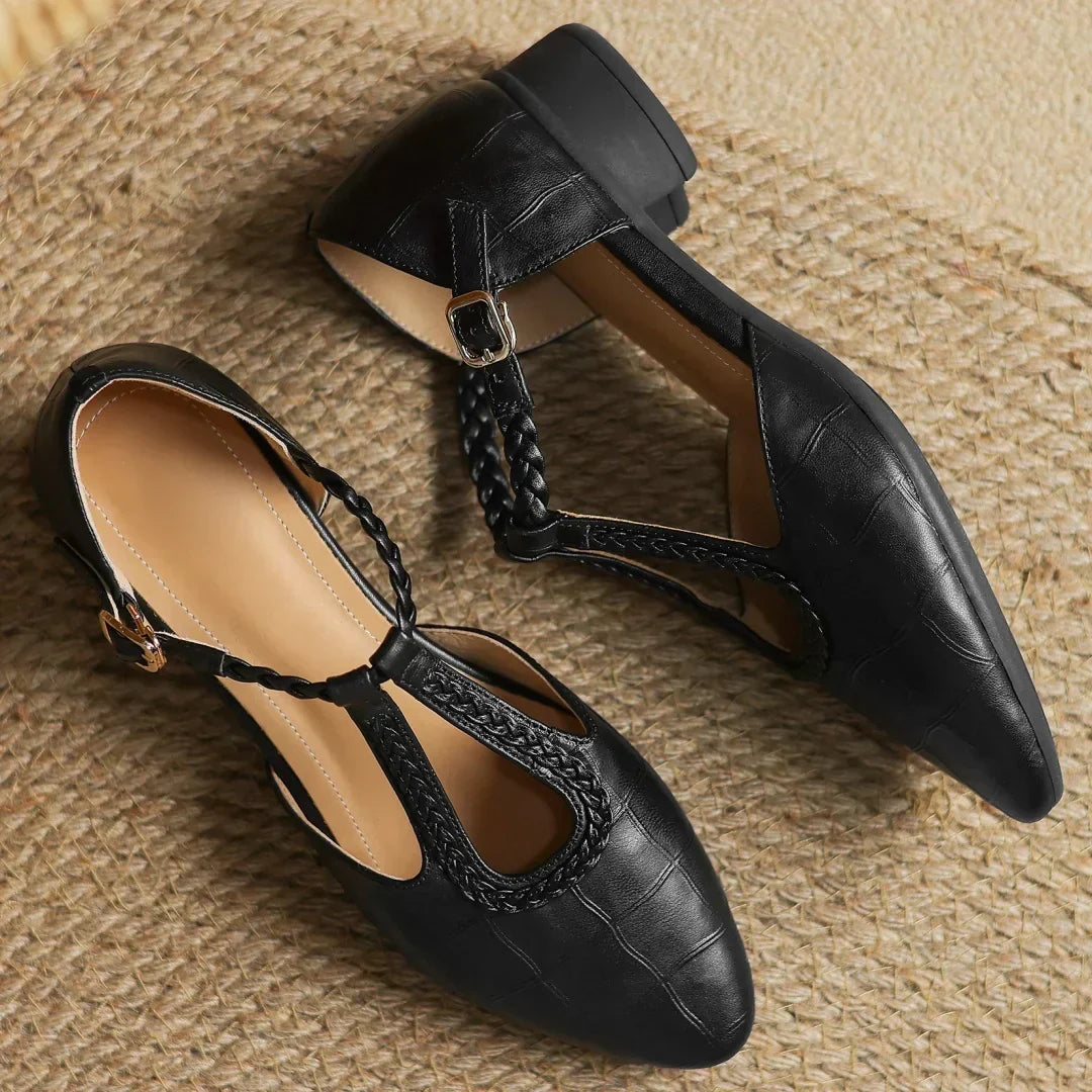 Croc-Embossed Braided T-Strap Shoes in Brown — VerolynBoutique