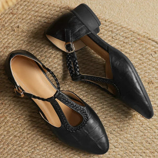 Croc-Embossed Braided T-Strap Shoes in Brown — VerolynBoutique