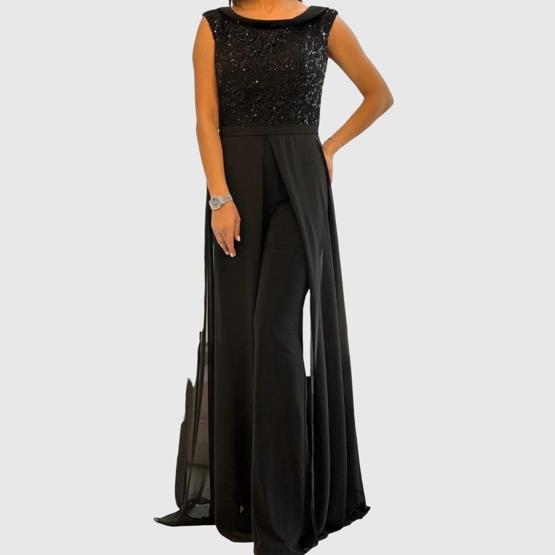 Sequin Bodice Chiffon Overlay Jumpsuit in Black — VerolynBoutique