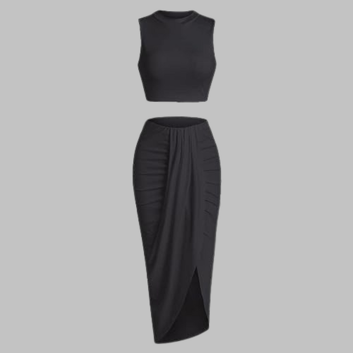 Draped Slit Maxi Skirt Set in Black — VerolynBoutique