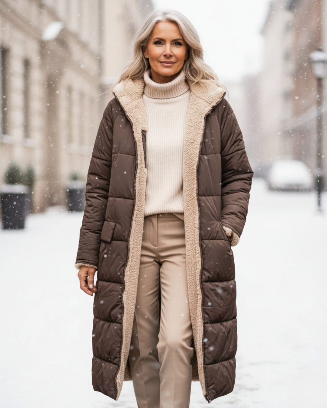 Sherpa-Lined Longline Puffer Coat in Brown — VerolynBoutique