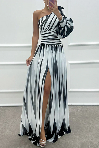 Striped One-Shoulder Evening Dress in White — VerolynBoutique