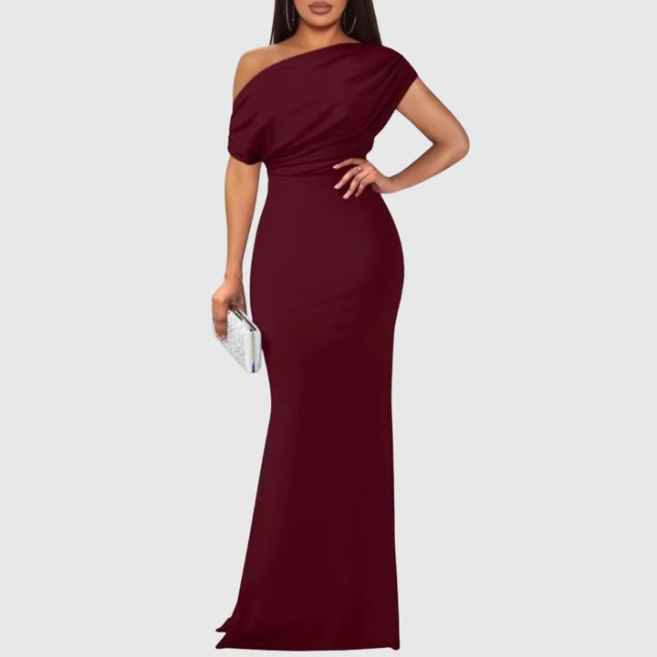 Draped One-Shoulder Formal Gown in Burgundy — VerolynBoutique