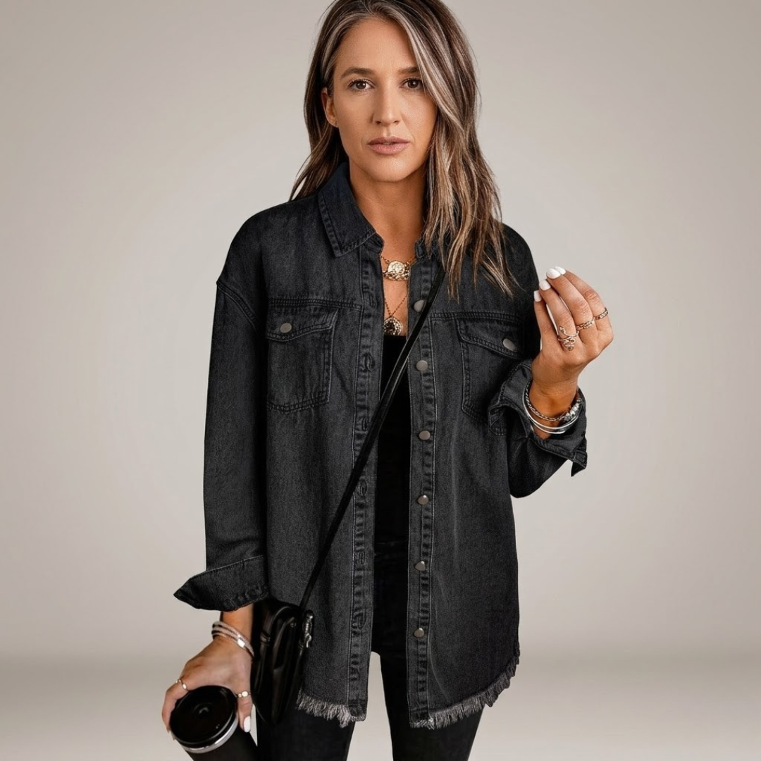 Oversized Frayed Hem Denim Jacket in Black — VerolynBoutique