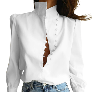 Stand Collar Button Shirt in White — VerolynBoutique
