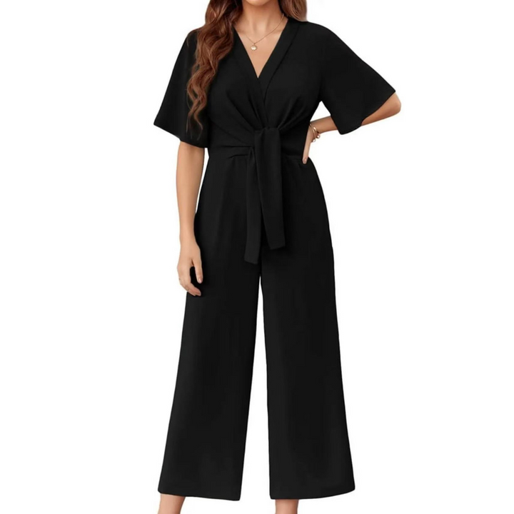Tie-Waist Wrap Wide-Leg Jumpsuit in Black — VerolynBoutique