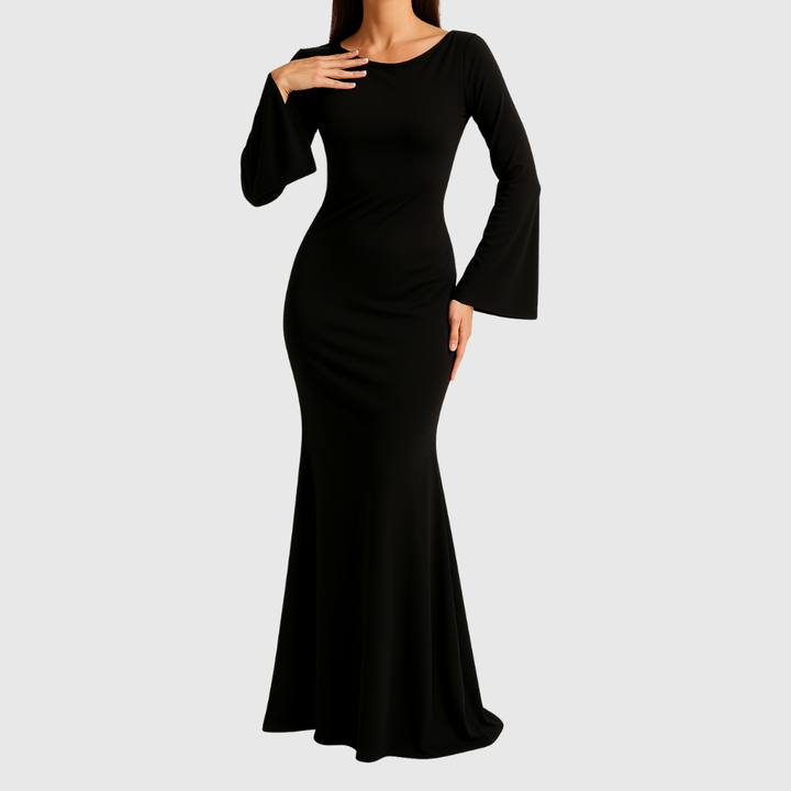 Flared Cuff Satin Maxi Dress in Black — VerolynBoutique