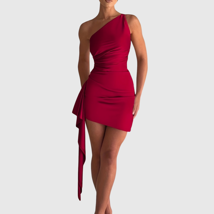 Draped Satin Mini Dress in Crimson Red — VerolynBoutique