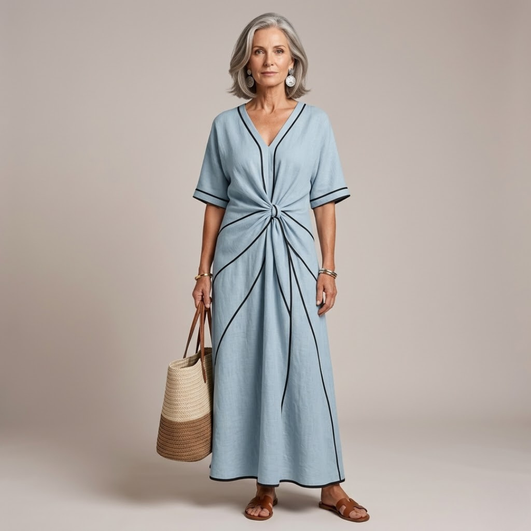 Knot Front Piped Maxi Dress in Blue — VerolynBoutique