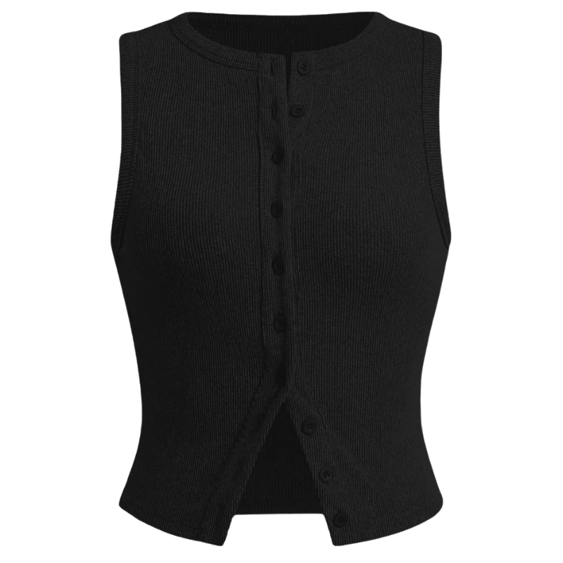 Ribbed Button Crop Tank Top in Black — VerolynBoutique